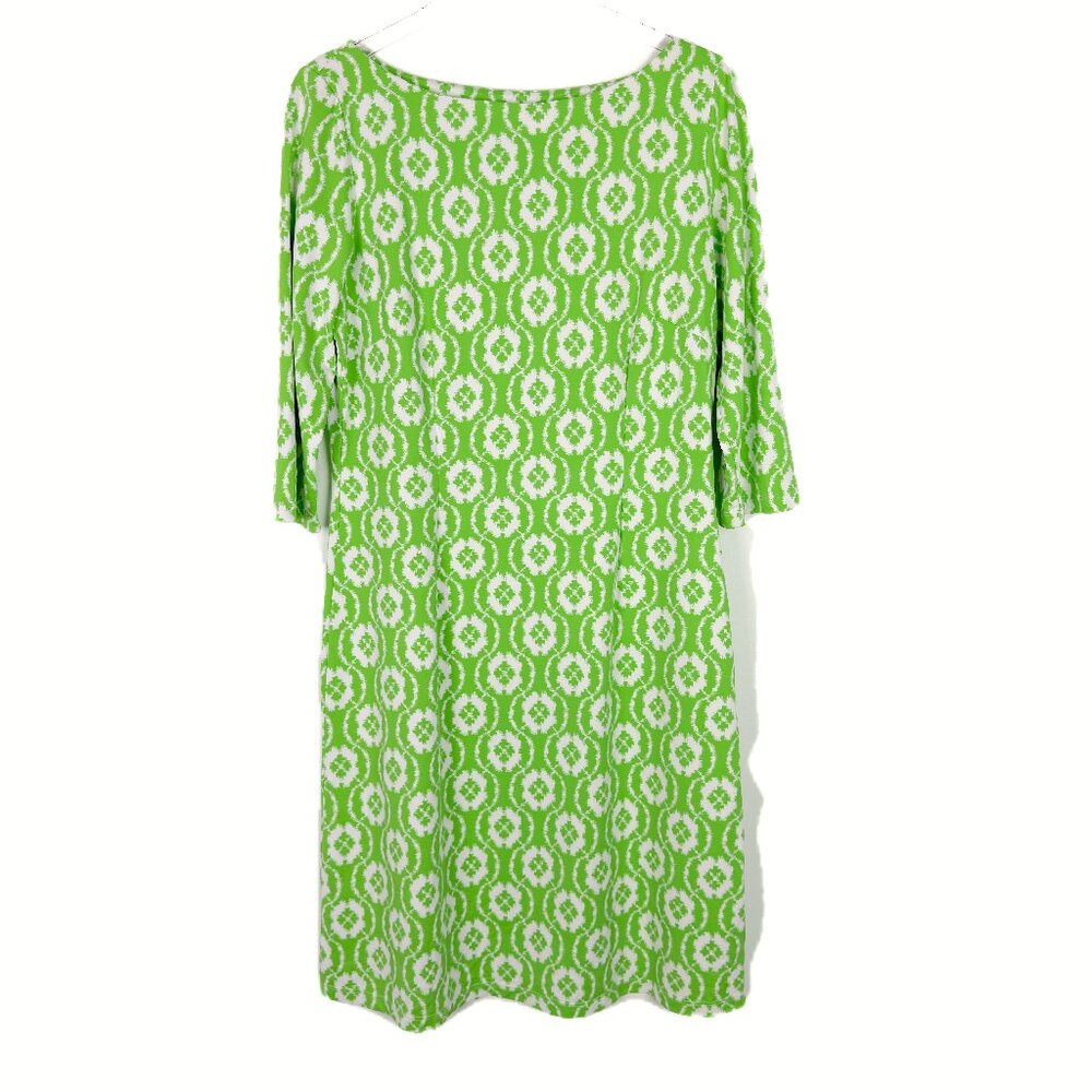 J. McLaughlin Catalina Cloth Knit 3/4 Sleeve Sheath Dress Green Geometric Large